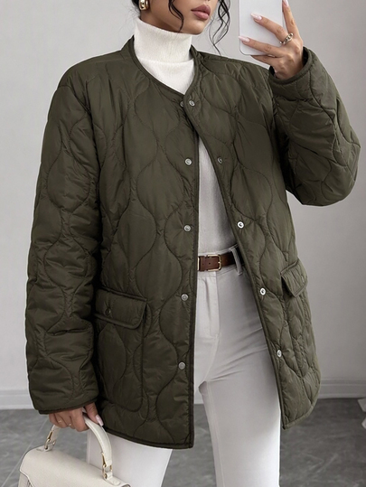 Rafferiza Women's Army Green Waterproof Quilted Jacket, Collarless Snap-Button Coat With Pockets, Outerwear