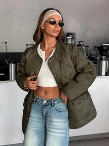 Rafferiza جاكيت نسائي أخضر جيشي مقاوم للماء مبطن، معطف بدون ياقة بأزرار كبس وجيوب، ملابس خارجية - أخضر عسكري - مشاهدة 4