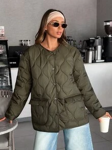 Rafferiza جاكيت نسائي أخضر جيشي مقاوم للماء مبطن، معطف بدون ياقة بأزرار كبس وجيوب، ملابس خارجية - أخضر عسكري - مشاهدة 6