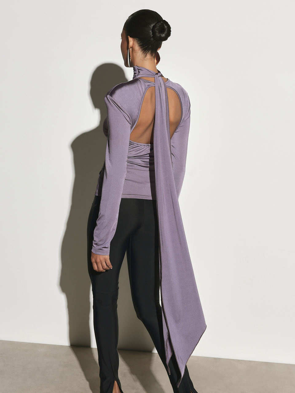 KSTM Turtleneck Long Sleeve Open Back Top With Draped Scarf Detail Ruched Fitted Silhouette Evening Party Style