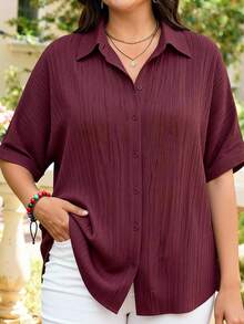 Rosumi Plus Size Women's Solid Color Batwing Sleeve Single-Breasted Casual Shirt Fall - Red Violet - View 2