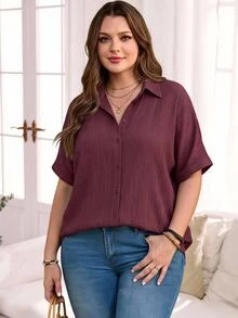 Rosumi Plus Size Women's Solid Color Batwing Sleeve Single-Breasted Casual Shirt Fall - Red Violet - View 1