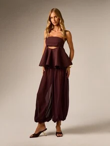 AiiRZ Setelan Atasan Halter Peplum Tanpa Tali dan Celana Panjang Lebar Model Balon dengan Detail Potongan di Pinggang untuk Pesta Malam dan Tamu Pernikahan - Coklat - View 6