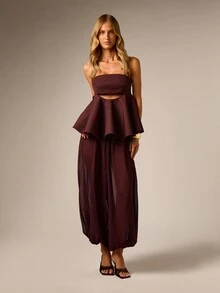 AiiRZ Setelan Atasan Halter Peplum Tanpa Tali dan Celana Panjang Lebar Model Balon dengan Detail Potongan di Pinggang untuk Pesta Malam dan Tamu Pernikahan - Coklat - View 5