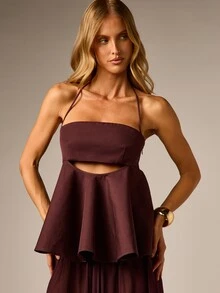 AiiRZ Setelan Atasan Halter Peplum Tanpa Tali dan Celana Panjang Lebar Model Balon dengan Detail Potongan di Pinggang untuk Pesta Malam dan Tamu Pernikahan - Coklat - View 2