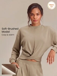GLOWMODE Soft-Brushed Modal Cozy Escape Relaxed Fit Hoodie With Mock Neck & Button Front Daily Casual Wear - Khaki - View 1