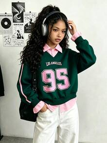 Genkimix Kids 青少年女孩新款休閒 2 合 1 衛衣，1 件，梭織面料粉色領口下擺拼接針織衛衣面料深綠色長袖衛衣，側面粉色織帶飾邊裝飾，正面美式復古數字熱轉印，寬鬆舒適，適合美式復古休閒通勤慵懶風，適用於日常上學出遊度假派對秋冬 - 墨綠色 - 查看 7