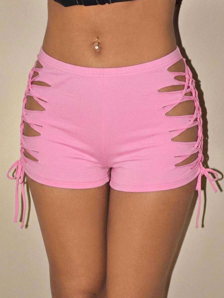 SHEIN ICON Cut Out Lace Up Side Biker Shorts - Pink - View 1