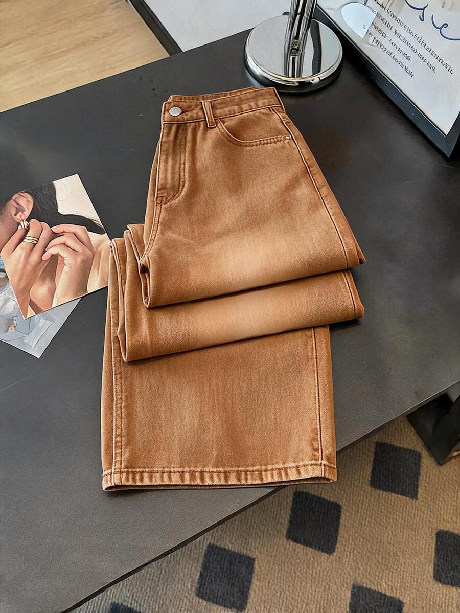 GlowEve Women's All-Season Button Pocket Loose Wide Leg Denim Jeans - Brown - View 1