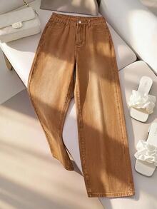 GlowEve Women's All-Season Button Pocket Loose Wide Leg Denim Jeans - Brown - View 8