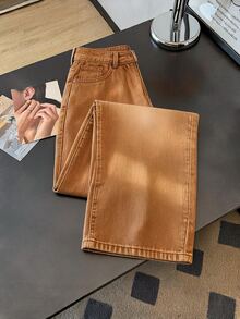 GlowEve Women's All-Season Button Pocket Loose Wide Leg Denim Jeans - Brown - View 9