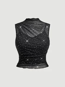 SHEIN MOD Plus Size Summer Fashion Sequin Mesh Tank Top - Black - View 2