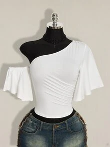 SHEIN ICON 女款夏季休閒純色不對稱領口上衣 - 白色 - 查看 3