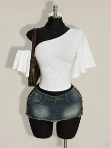 SHEIN ICON 女款夏季休閒純色不對稱領口上衣 - 白色 - 查看 4