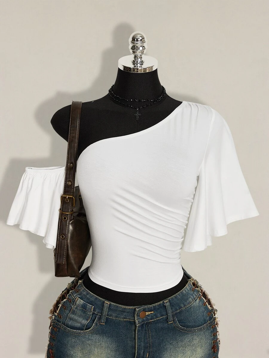 SHEIN ICON 女款夏季休閒純色不對稱領口上衣 - 白色 - 查看 1