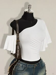 SHEIN ICON 女款夏季休閒純色不對稱領口上衣 - 白色 - 查看 6