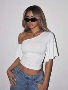 SHEIN ICON 女款夏季休閒純色不對稱領口上衣 - 白色 - 查看 10