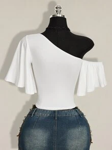 SHEIN ICON 女款夏季休閒純色不對稱領口上衣 - 白色 - 查看 2