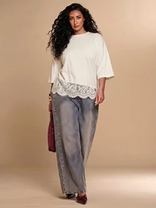 SHEIN BAE CURVE Plus Size Women's Lace Patchwork Drop Shoulder Loose Fit T-Shirt - Apricot - View 4