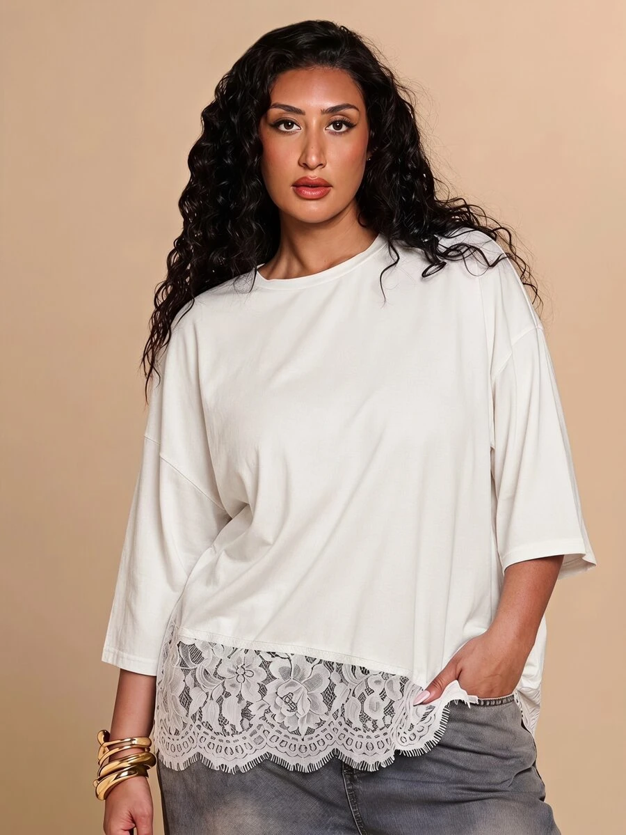 SHEIN BAE CURVE Plus Size Women's Lace Patchwork Drop Shoulder Loose Fit T-Shirt - Apricot - View 1