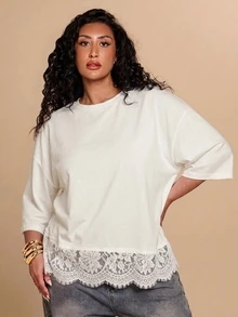 SHEIN BAE CURVE Plus Size Women's Lace Patchwork Drop Shoulder Loose Fit T-Shirt - Apricot - View 3