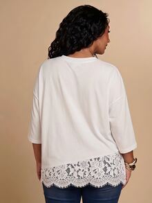 SHEIN BAE CURVE Plus Size Women's Lace Patchwork Drop Shoulder Loose Fit T-Shirt - Apricot - View 2
