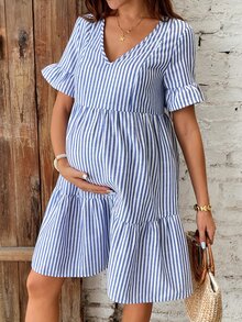 SHEIN 孕妇哺乳连衣裙，蓝色条纹连衣裙 - 藍白色 - 查看 6