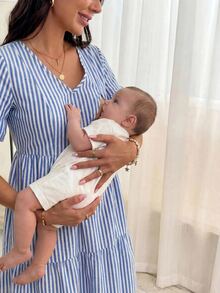 SHEIN 孕妇哺乳连衣裙，蓝色条纹连衣裙 - 藍白色 - 查看 4