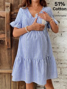 SHEIN 孕妇哺乳连衣裙，蓝色条纹连衣裙 - 藍白色 - 查看 2