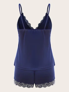 SHEIN Lace Panel Scallop Trim PJ Set / Pajama Set - Navy Blue - View 3