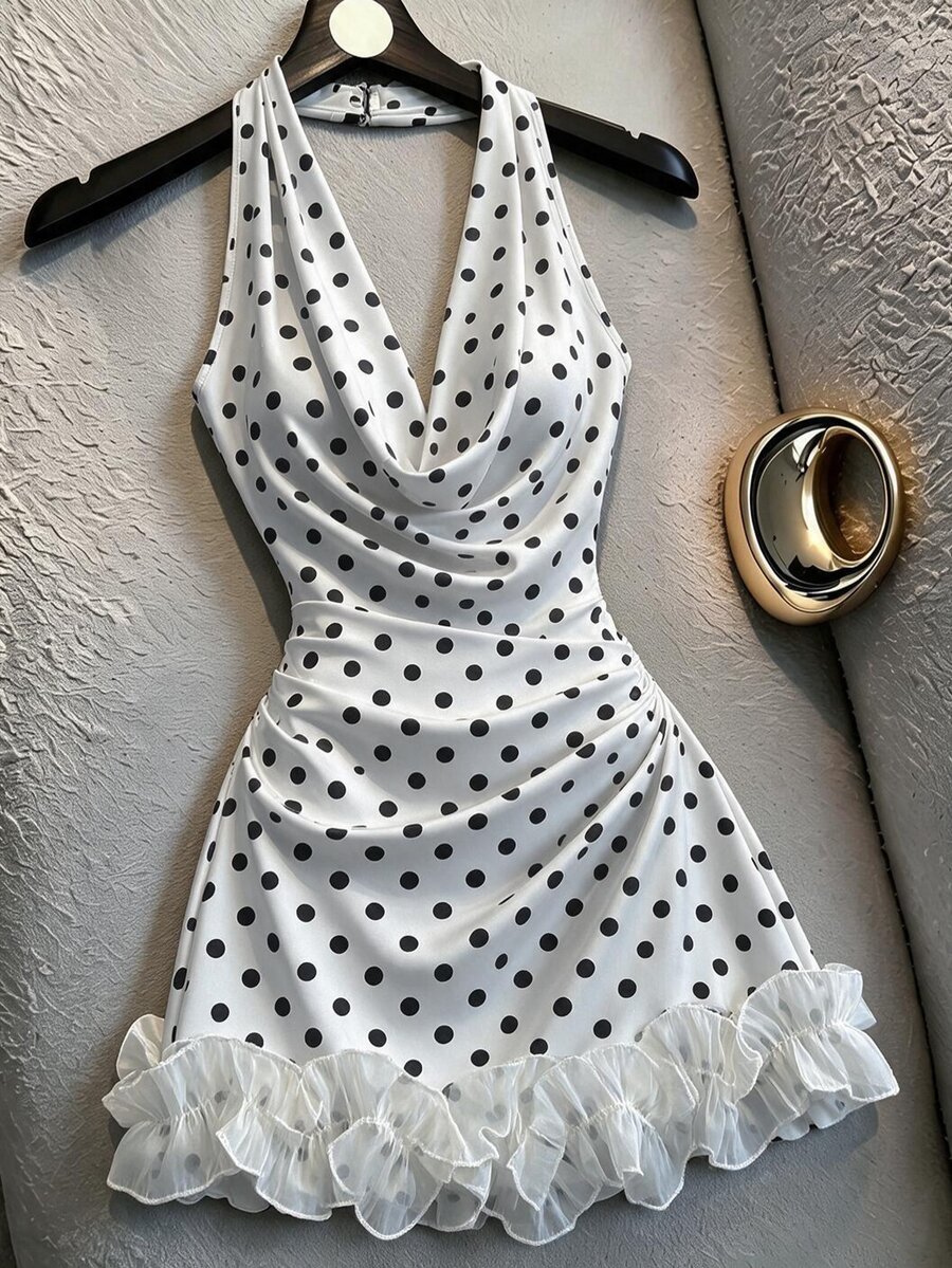 SHEIN Franclia 法式性感垂領露背無袖短洋裝女款 - 黑與白 - 查看 1