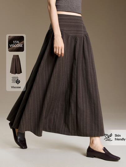 Ontre 2026 New Autumn Women's Loose Fit Deep Coffee Striped Ruched A-Line Skirt, Casual Commuter Urban Modern Minimalist Elegant Tea Party Independence Day Old Money Style Teacher Outfit Office Wear Holiday Outfit Vacation Date Outfit Fashion Versatile Women's Skirt