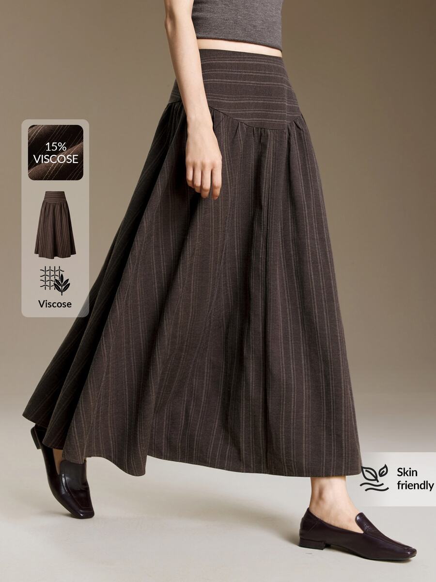 Ontre 2026 Fall Women's Loose Fit Dark Brown Striped Ruched A-Line Skirt, Casual Commuter Urban Business Work Independence Day Office Wear Holiday Outfit