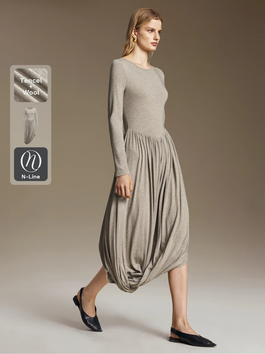 Ontre Women's Wool Blend Mid-Length Dress, Slim Fit, Solid Light Grey, Long Sleeve, Round Neck, Ruched Asymmetrical Design, Minimalist Elegant Brunch Fall - Coffee - View 1
