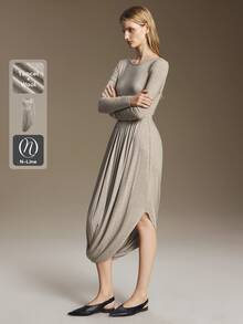 Ontre Women's Wool Blend Mid-Length Dress, Slim Fit, Solid Light Grey, Long Sleeve, Round Neck, Ruched Asymmetrical Design, Minimalist Elegant Brunch Fall - Coffee - View 2