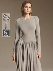 Ontre Women's Wool Blend Mid-Length Dress, Slim Fit, Solid Light Grey, Long Sleeve, Round Neck, Ruched Asymmetrical Design, Minimalist Elegant Brunch Fall - Coffee - View 6