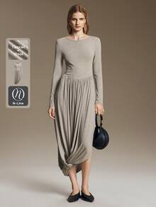 Ontre Women's Wool Blend Mid-Length Dress, Slim Fit, Solid Light Grey, Long Sleeve, Round Neck, Ruched Asymmetrical Design, Minimalist Elegant Brunch Fall - Coffee - View 4