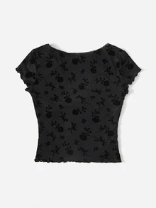 SHEIN ICON 90s Floral Print Bow Front Lettuce Trim Crop Mesh Tee - Black - View 2