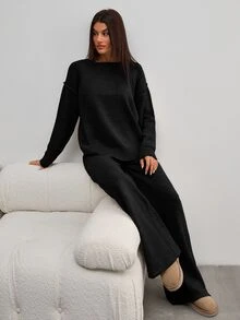 SHEIN Petite Size Women Black Color Round Neck Long Sleeve Rib Knitted Sweater And Casual Sweater Pant - Black - View 9