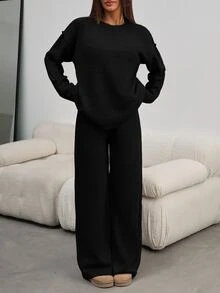 SHEIN Petite Size Women Black Color Round Neck Long Sleeve Rib Knitted Sweater And Casual Sweater Pant - Black - View 1
