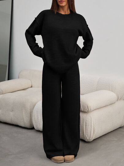 SHEIN Petite Size Women Black Color Round Neck Long Sleeve Rib Knitted Sweater And Casual Sweater Pant