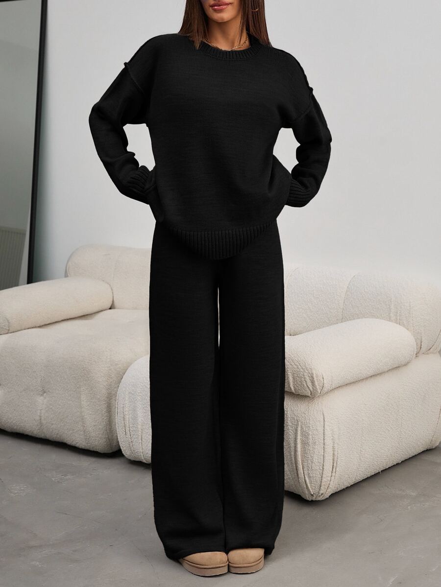 SHEIN Petite Size Women Black Color Round Neck Long Sleeve Rib Knitted Sweater And Casual Sweater Pant - Black - View 1