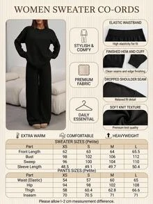SHEIN Petite Size Women Black Color Round Neck Long Sleeve Rib Knitted Sweater And Casual Sweater Pant - Black - View 3