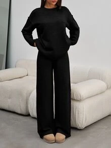 SHEIN Petite Size Women Black Color Round Neck Long Sleeve Rib Knitted Sweater And Casual Sweater Pant - Black - View 4