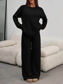 SHEIN Petite Size Women Black Color Round Neck Long Sleeve Rib Knitted Sweater And Casual Sweater Pant - Black - View 10