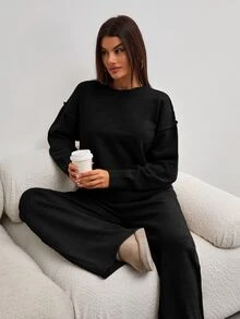SHEIN Petite Size Women Black Color Round Neck Long Sleeve Rib Knitted Sweater And Casual Sweater Pant - Black - View 7