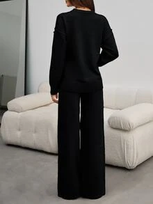 SHEIN Petite Size Women Black Color Round Neck Long Sleeve Rib Knitted Sweater And Casual Sweater Pant - Black - View 2
