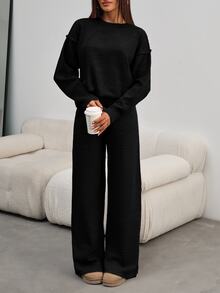 SHEIN Petite Size Women Black Color Round Neck Long Sleeve Rib Knitted Sweater And Casual Sweater Pant - Black - View 8