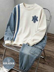 小男孩圓領長袖運動衫工裝褲套裝 對比色圖案設計 秋冬套裝 生日 春/冬 藍色 - 彩色 - 查看 3
