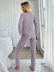 SHEIN طقم ملابس كاجوال نسائي مريح بلون بنفسجي فاتح، قطعتان، من قماش محبوك مضلع مطرز بحروف وقلوب - ارجواني - مشاهدة 2